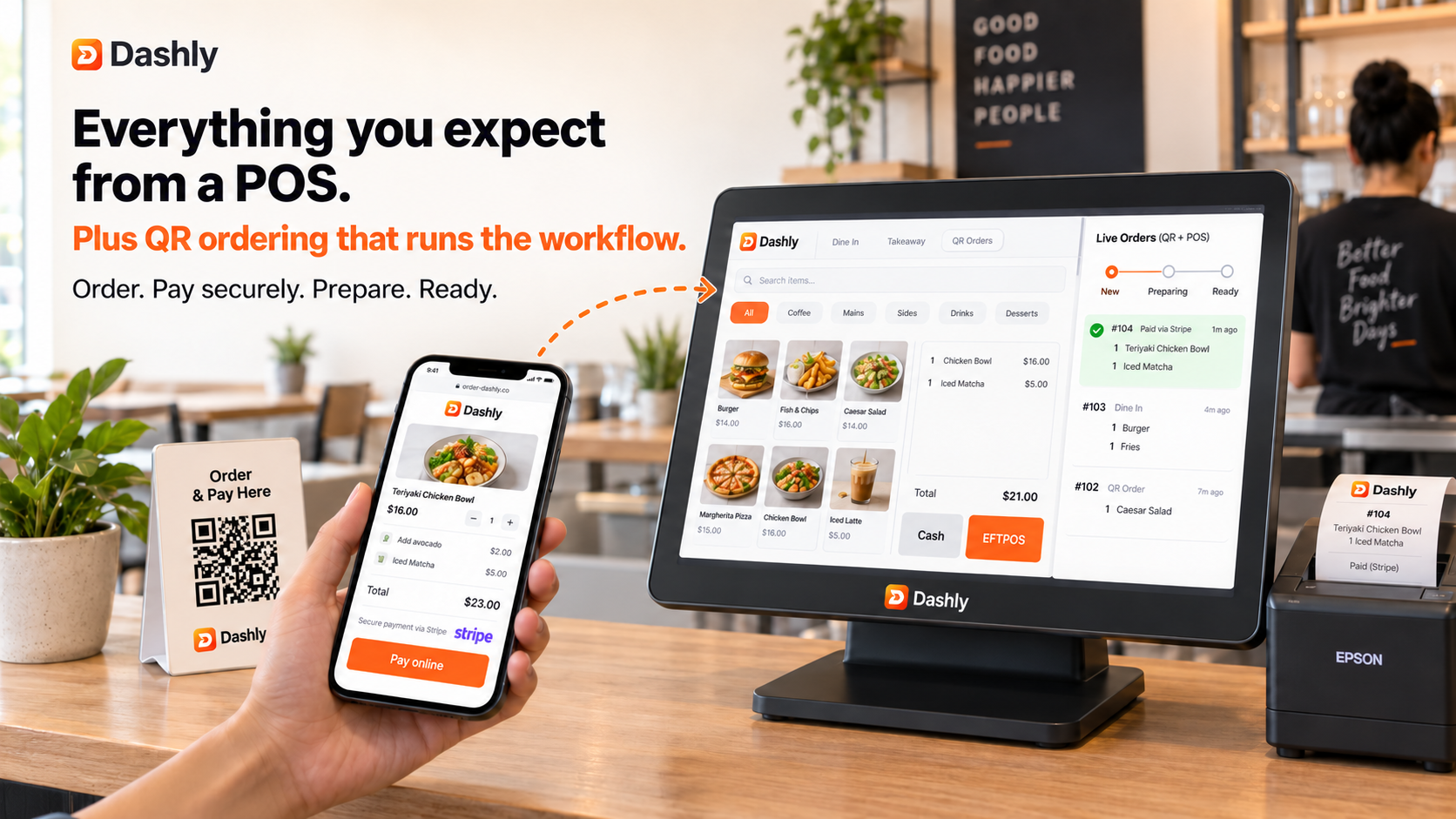 Dashly POS with counter sales, QR ordering, Stripe payments and live order monitoring