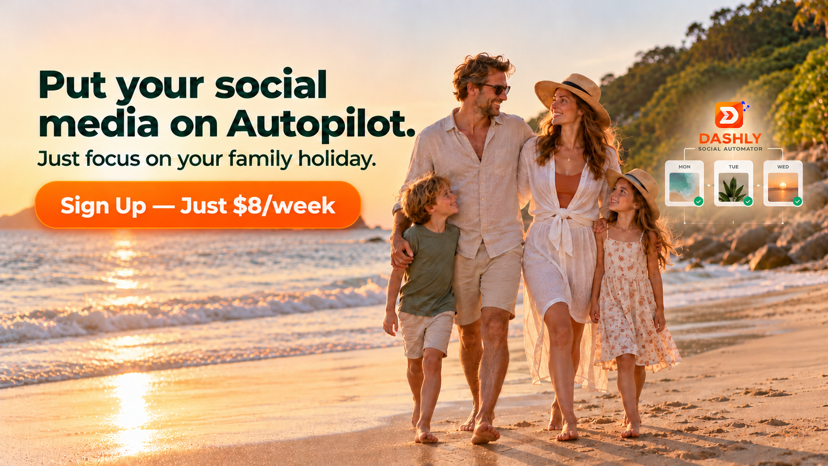 A family enjoying a beach holiday while Dashly Social Automator prepares and publishes their social posts